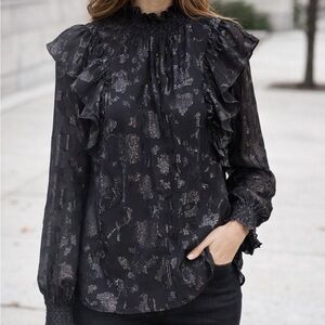 NWT RW&Co size large Elegant Black Ruffled Women's Blouse Top sheer mesh